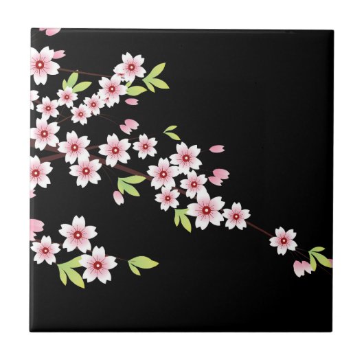 Zwart met roze en groene Cherry Blossom Sakura Tegeltje (Voorkant)