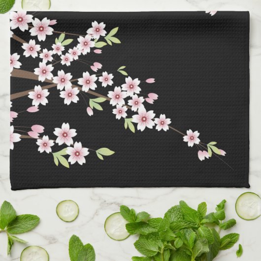 Zwart met roze en groene Cherry Blossom Sakura Theedoek (Gevouwen)