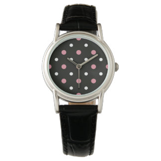 Zwart met roze en witte stippen horloge