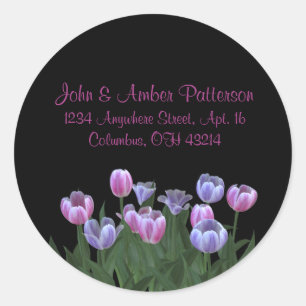 Zwart met Tulip Flowers Adresetiketten Ronde Sticker