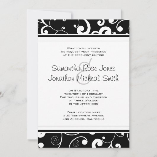 Zwart met White Scroll Wedding Invitation Kaart (Voorkant)