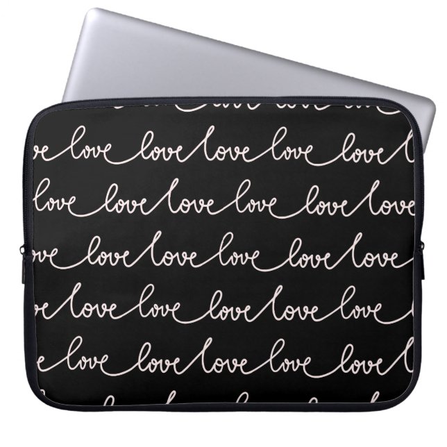 ZWART MET WIT LIEFDESSCRIPT LAPTOP SLEEVE (Voorkant)