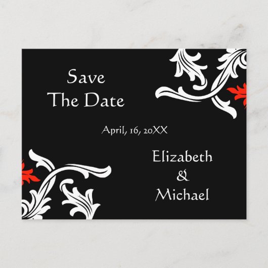 Zwart met wit, rood Damast bruiloft Save The Date Aankondigingskaart (Voorkant)