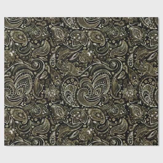 Zwart met zilver en gouden Floral Paisley Cadeaupapier (Vlak)