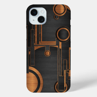 Zwart metaal met houten cirkels iPhone 15 mini hoesje