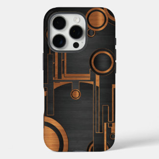 Zwart metaal met houten cirkels iPhone 16 pro hoesje