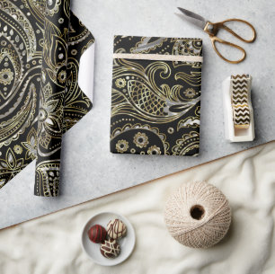 Zwart & Metaalzilver & Gouden Bloemmotief Paisley Cadeaupapier