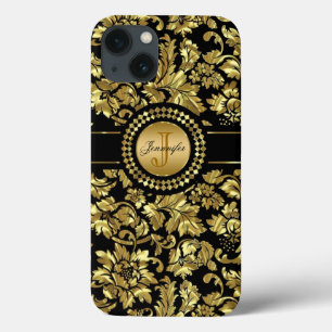 Zwart-metalen Damasmonogram iPhone 13 Hoesje