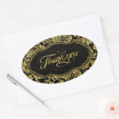 Zwart & Metallic Goud Bloemen Damasks Dank u Ovale Sticker (Envelop)