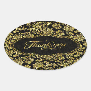 Zwart & Metallic Goud Bloemen Damasks Dank u Ovale Sticker