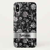 Zwart & Metallic Zilver Grijs Damast Patroon Case-Mate iPhone Case (Achterkant)