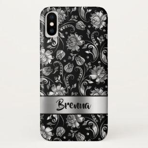 Zwart & Metallic Zilver Grijs Damast Patroon iPhone X Hoesje