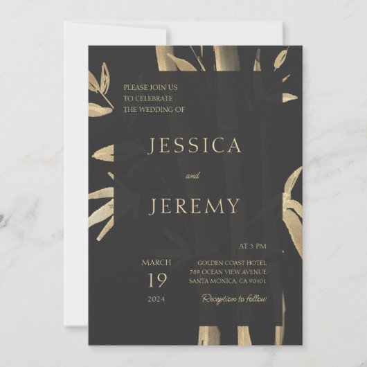 Zwart Minimaal Bamboe Japans Aziatisch Bruiloft Kaart (Voorkant)