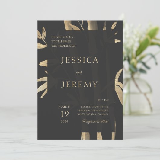 Zwart Minimaal Bamboe Japans Aziatisch Bruiloft Kaart (Staand voorkant)