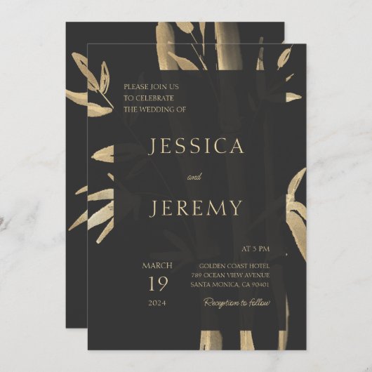 Zwart Minimaal Bamboe Japans Aziatisch Bruiloft Kaart (Voorkant / Achterkant)