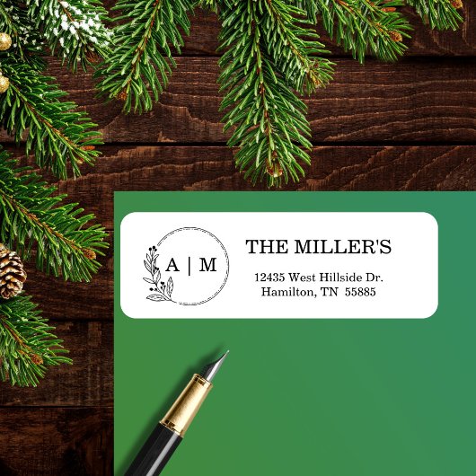 Zwart Minimaal Bloemmonogram Huwelijk Etiket