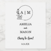 Zwart Minimaal Bloemmonogram Huwelijk Wijn Etiket (Enkel label)