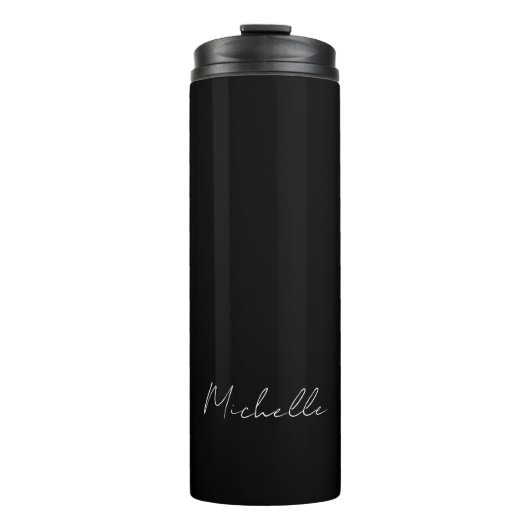 Zwart Minimalist Plain Modern Eigen Naam Kalligraf Thermosbeker (Voorkant)