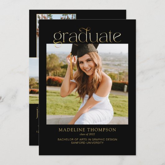 Zwart minimalistisch Classy Photo Collage Afstuder Kaart (Voorkant / Achterkant)