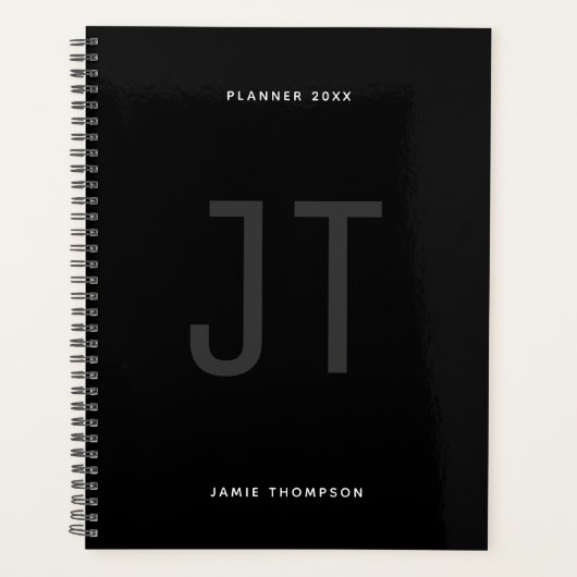 Zwart minimalistisch eenvoudig modern monogram planner (Voorkant)