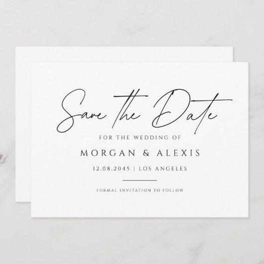 Zwart Minimalistisch Handschrift Script Save The Date (Voorkant / Achterkant)