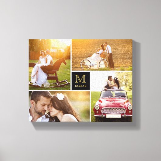 Zwart Minimalistisch Monogram Bruiloft 4 Fotocolla Canvas Afdruk (Voorkant)