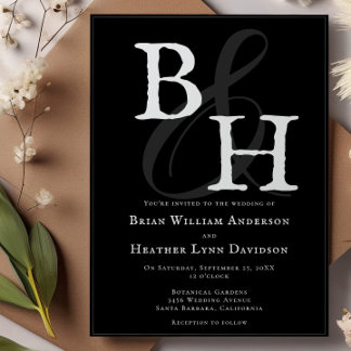 Zwart minimalistisch monogram bruiloft kaart