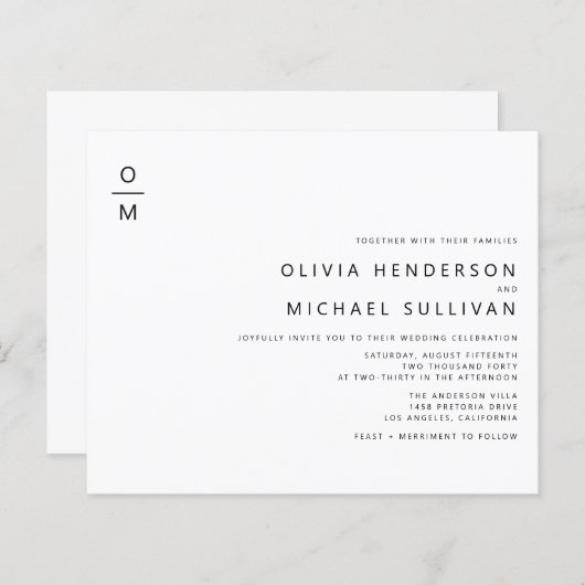 Zwart Minimalistisch Monogram Bruiloft Uitnodiging (Voorkant / Achterkant)