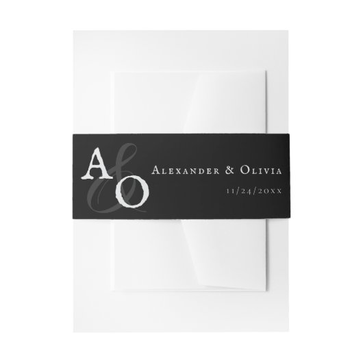 Zwart minimalistisch monogram bruiloft uitnodigingen wikkel (Voorkant Voorbeeld)