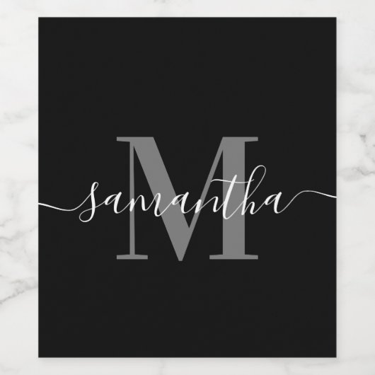 Zwart Minimalistisch Monogram Wijn Etiket (Enkel label)