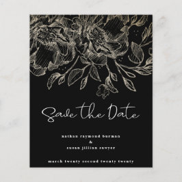 zwart modern budget goud bloemen save the date flyer