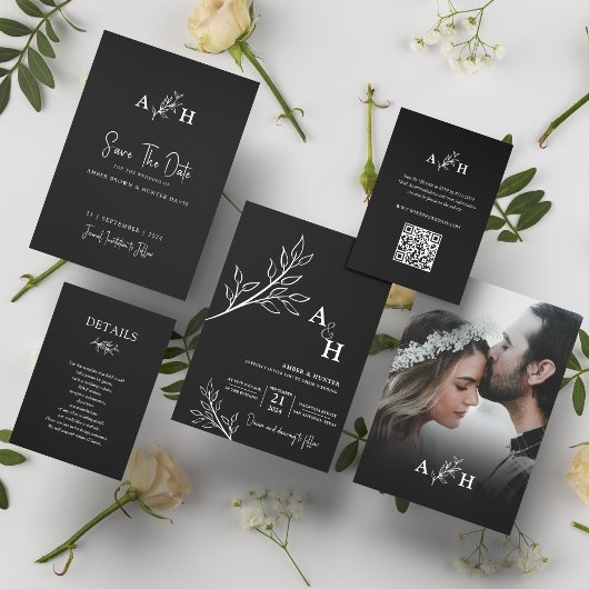 Zwart Modern Elegant Monogram Foliage Foto Kaart