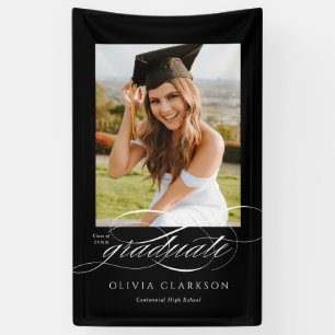 Zwart Modern Elegant Script Afstuderen Photo Party Spandoek