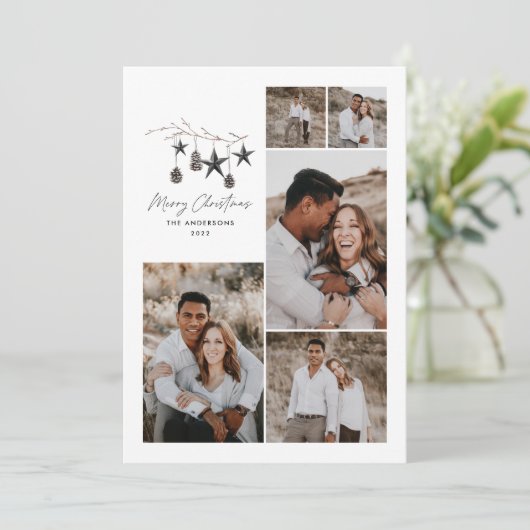 Zwart modern elegant script Kerstmulti-foto Feestdagenkaart (Staand voorkant)