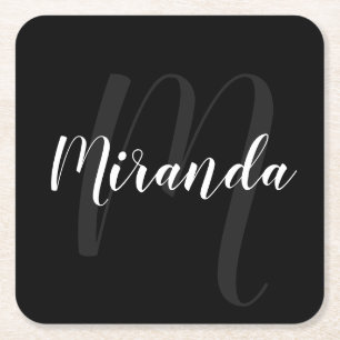 Zwart modern Manuscript Gepersonaliseerd Monogram  Vierkante Kartonnen Onderzetter