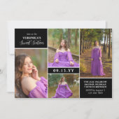 Zwart Modern Minimal Fotocollage Sweet Sixteen Kaart (Voorkant)