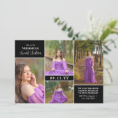 Zwart Modern Minimal Fotocollage Sweet Sixteen Kaart (Staand voorkant)
