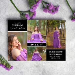 Zwart Modern Minimal Fotocollage Sweet Sixteen Kaart