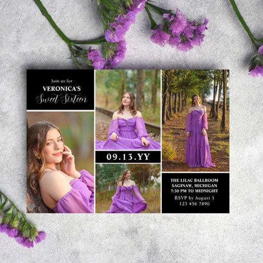 Zwart Modern Minimal Fotocollage Sweet Sixteen Kaart