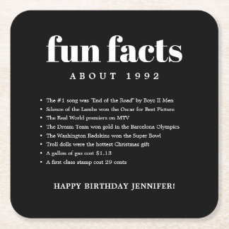 Zwart Modern Minimal Fun Facts Verjaardag Vierkante Kartonnen Onderzetter