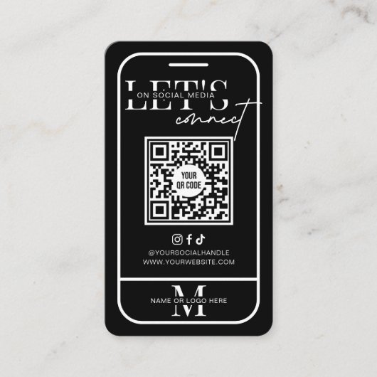 Zwart Modern Minimalistisch Social Media QR Code Visitekaartje (Voorkant)