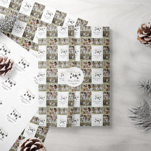 Zwart modern multi foto elegant script kerst cadeaupapier