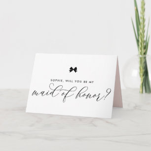 Zwart Modern Ribbon Bow Be My Maid of Honor Kaart