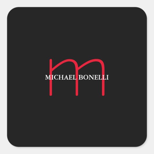 Zwart-modern rood monogram vierkante sticker (Voorkant)