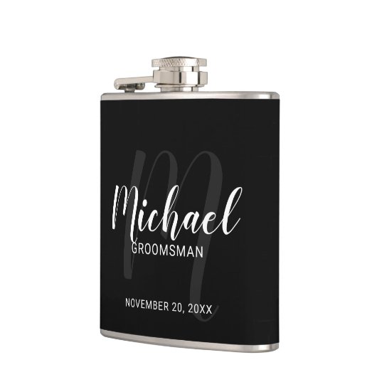Zwart modern script - Aangepaste Groomsmen Heupfles (Links)