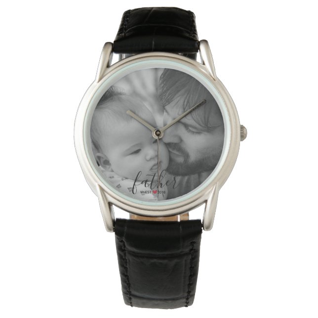 Zwart Modern Script Father Est. Jaar Foto Horloge (Voorkant)