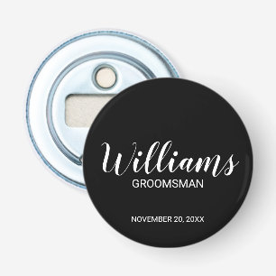 Zwart Modern Script Gepersonaliseerde Groomsman Button Flesopener