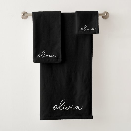 Zwart Modern Script Girly Monogram Naam Bad Handdoek (Insitu)