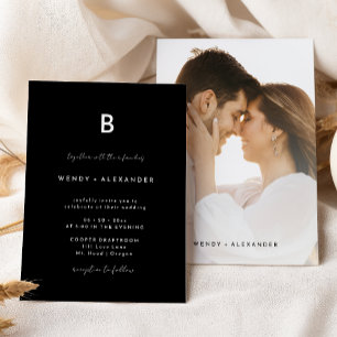 Zwart Modern Script Monogram Bruiloft Foto Kaart