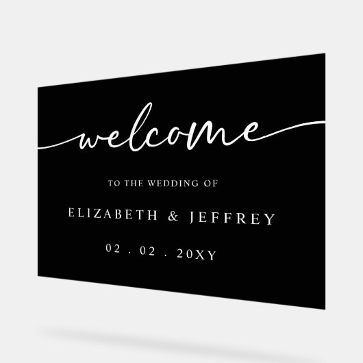 Zwart Modern Script Wit Bruiloft Welkomstbord Acryl Bord (Hoek)